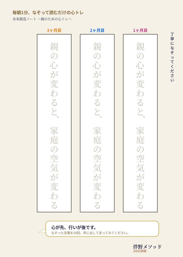 未来創造ノート 見本ページ「親の心が変わると、家庭の空気が変わる」